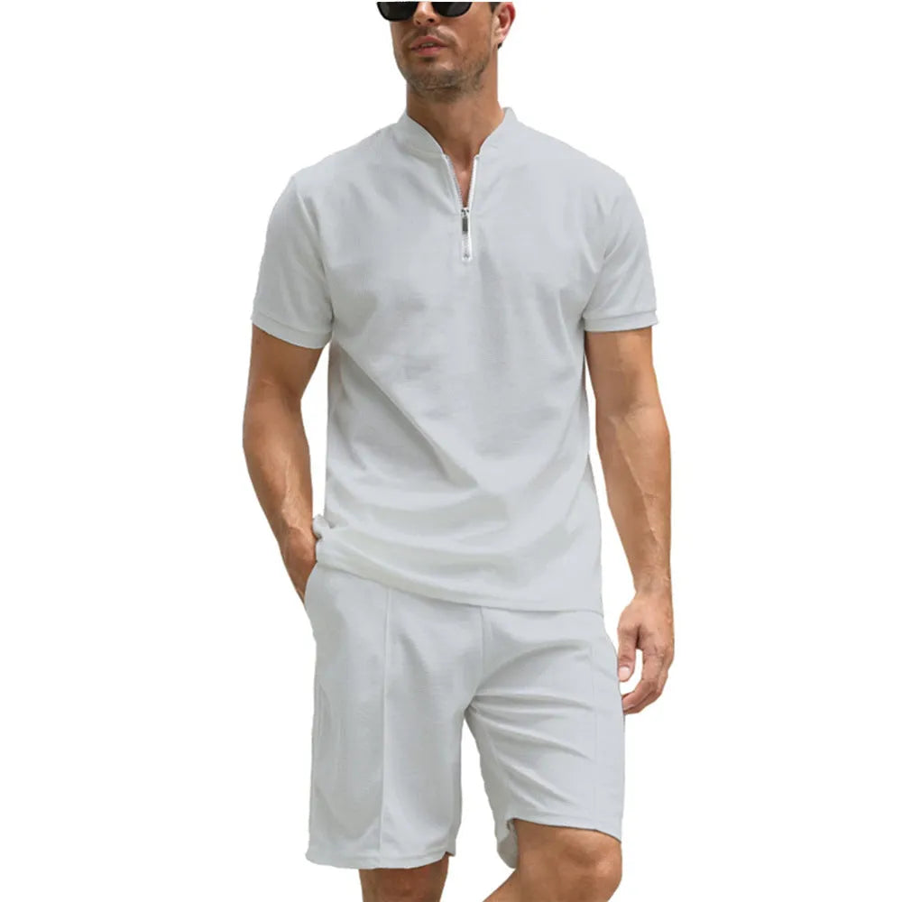 Men's solid colour polo shirt suit two-piece set in beaded bird's eye fabric with Asian sizing options