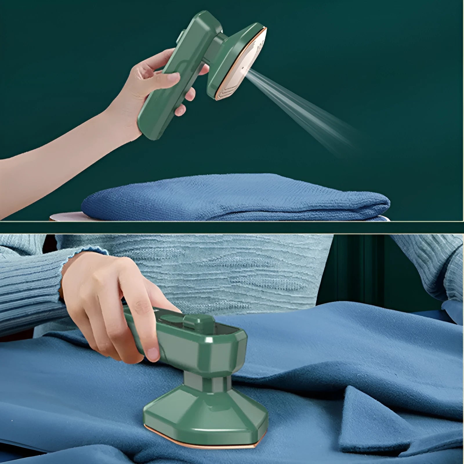 Dark green portable handheld hanging steam ironing machine with ceramic panel on a white background.