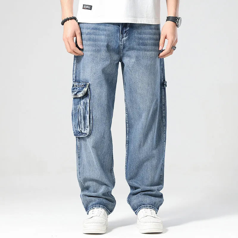 Men's hip hop retro multi-pocket denim trousers in 1908 Blue, high waist, straight-leg loose fit, cotton fabric