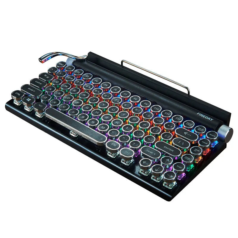 Black Dot retro-style mechanical keyboard with backlit keys on a desk.