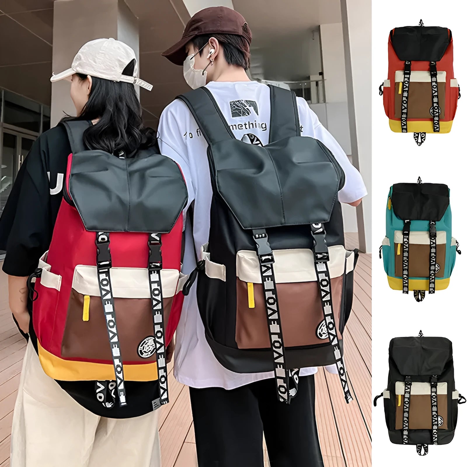 Oxford cloth backpack in black, green, or red with handheld and shoulder straps
