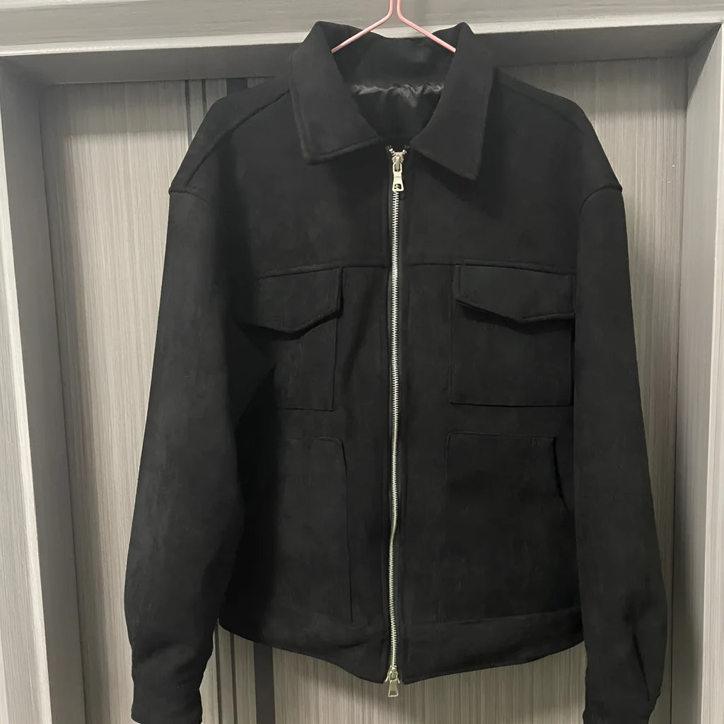 Thickened zipper big pocket jacket coat slim fit long sleeve straight hem polyester lining camel black dark gray