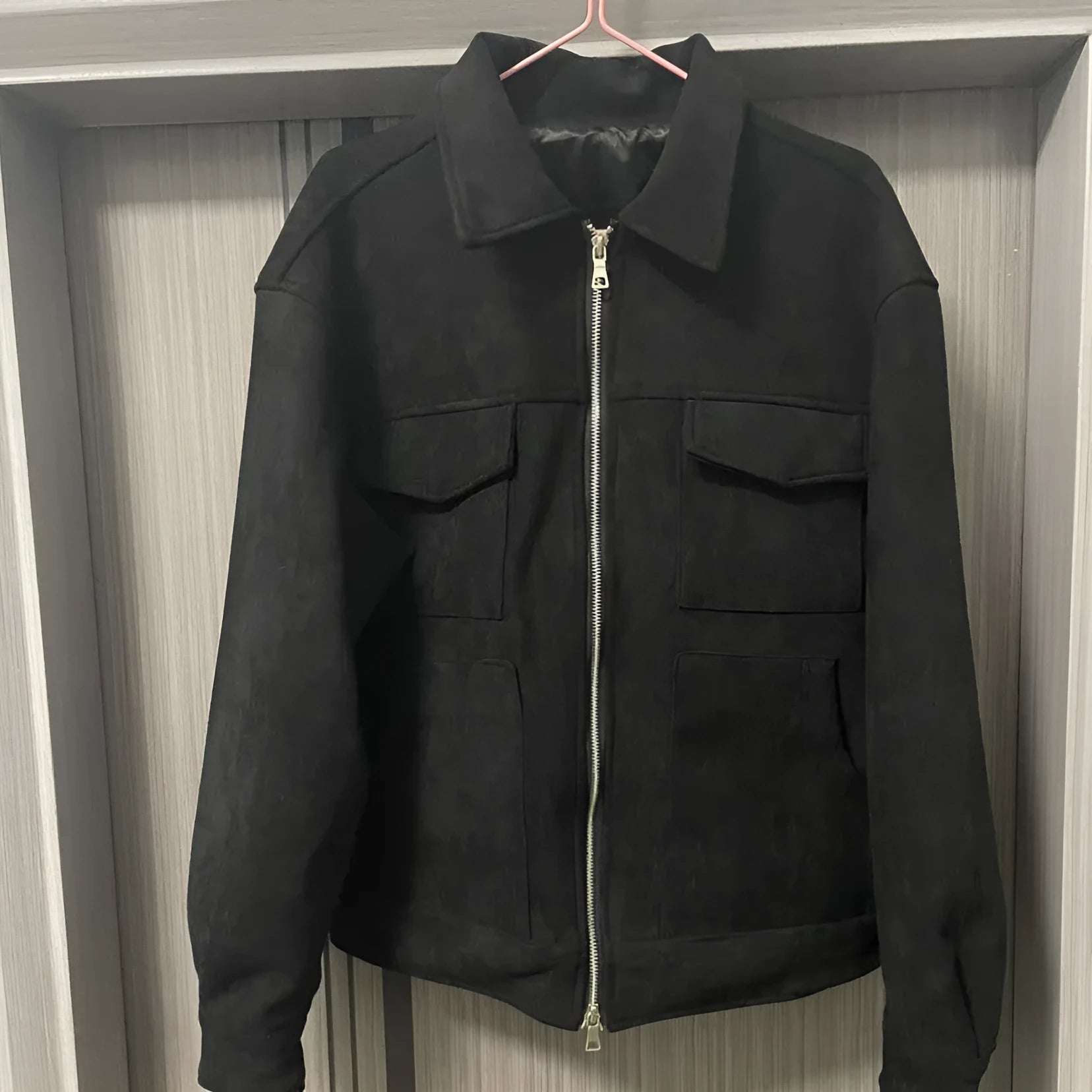 Thickened zipper big pocket jacket coat slim fit long sleeve straight hem polyester lining camel black dark gray