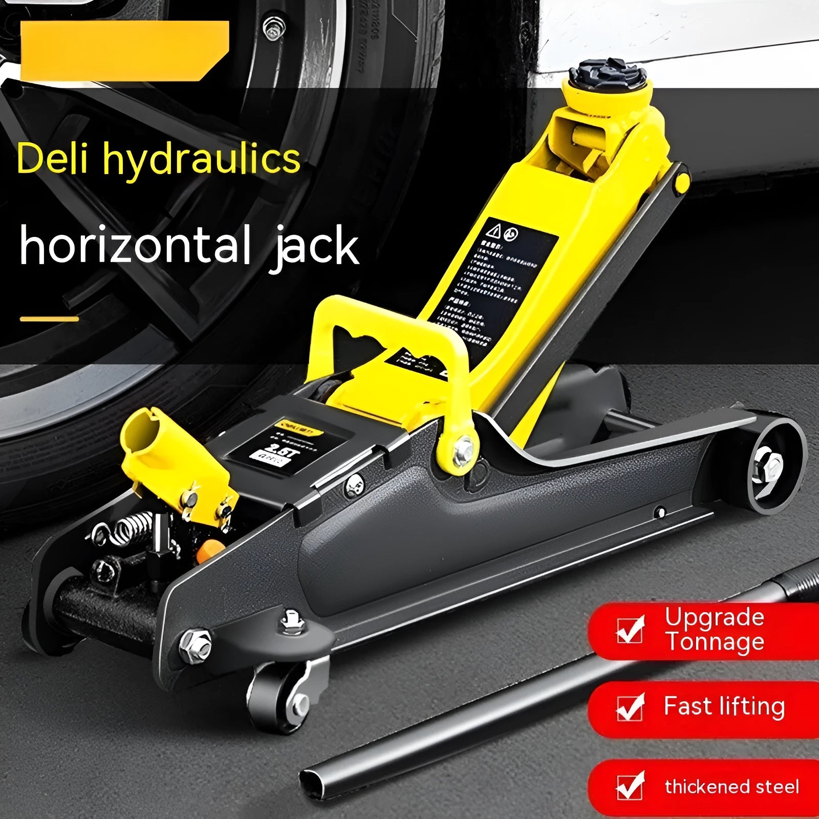 Horizontal low profile hydraulic car jack with handle, for tyre changes, 2.5T or 3T capacity