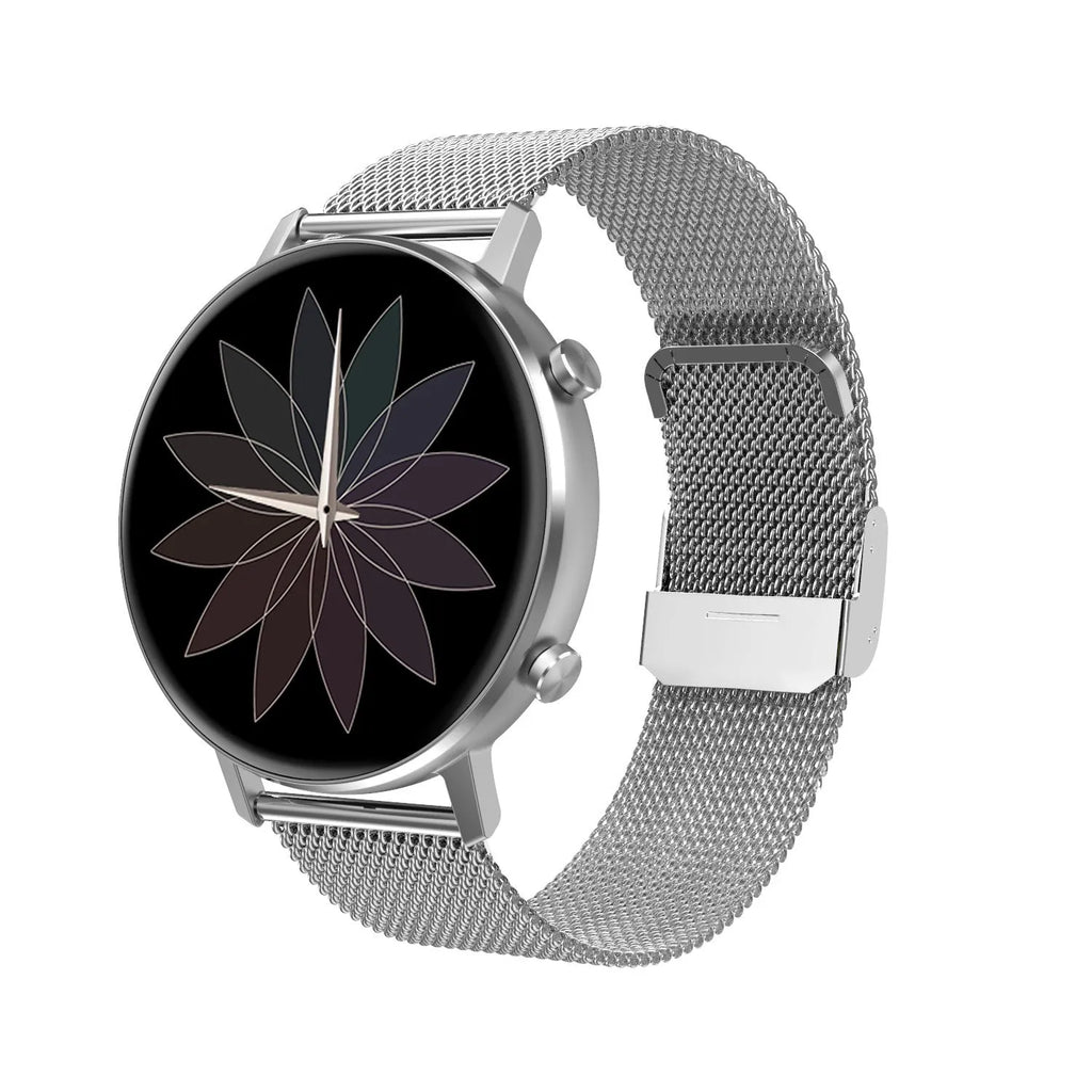 DT96 smart bracelet with silver stainless steel strap and 1.3-inch colour touchscreen display.