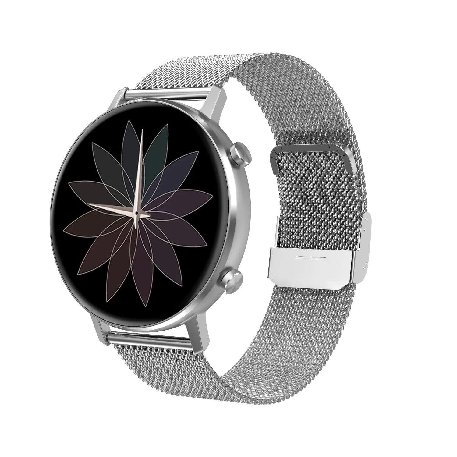 DT96 smart bracelet with silver stainless steel strap and 1.3-inch colour touchscreen display.