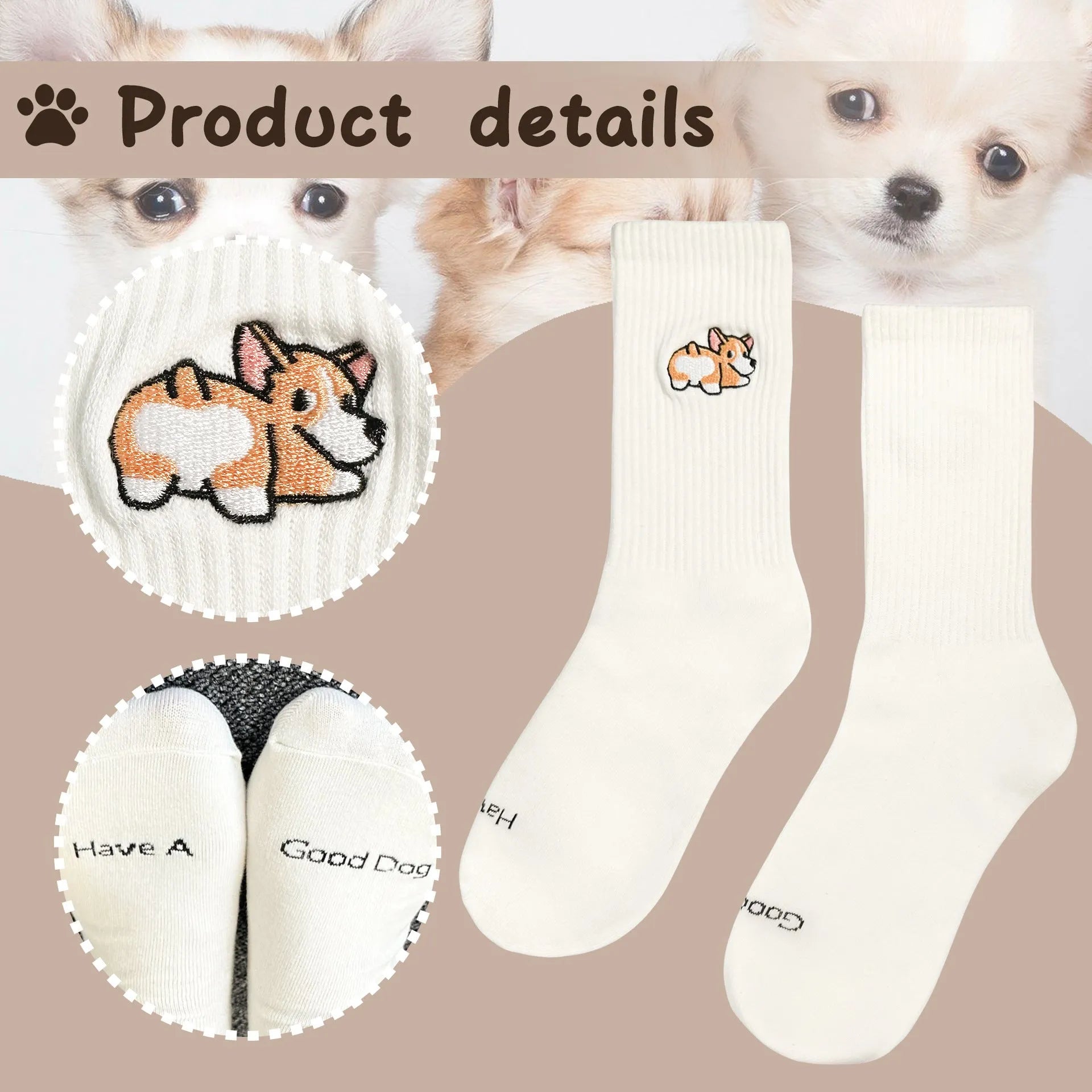 White cotton tube socks with printed white dog breed designs for students and everyday wear