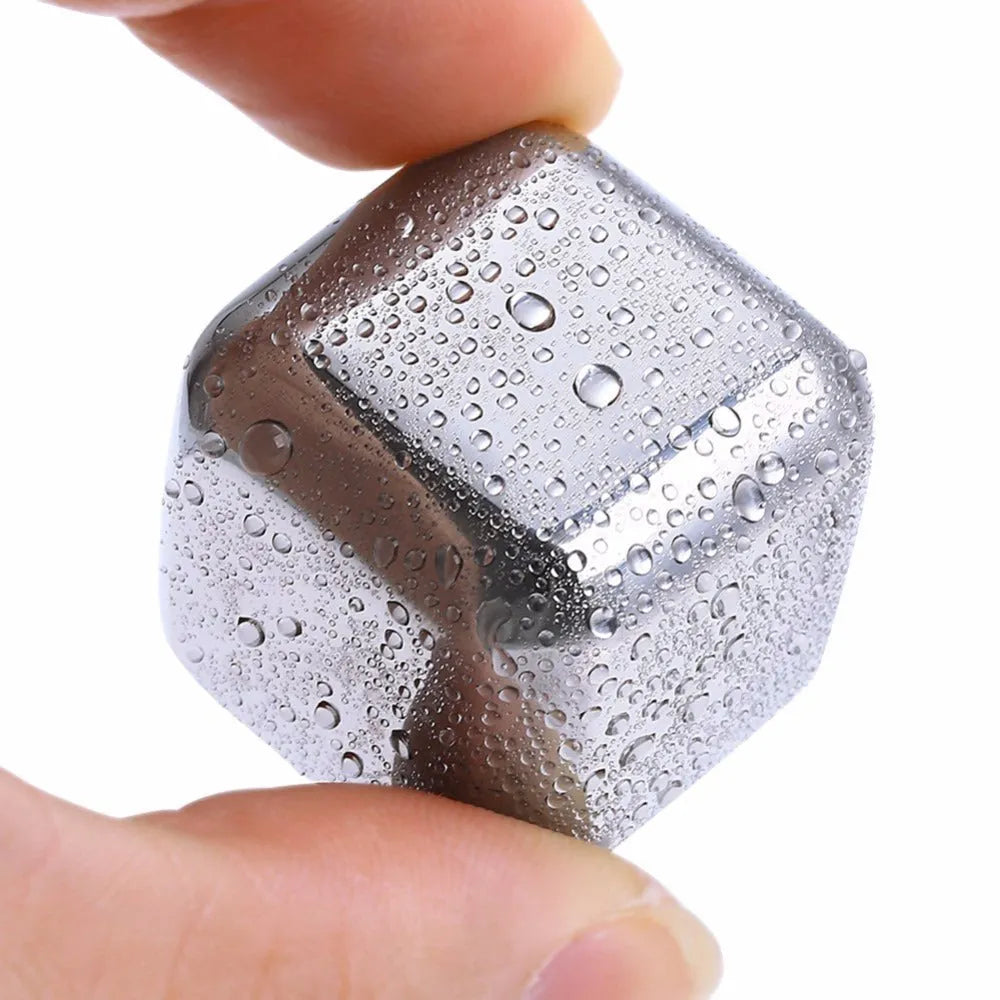 8-piece stainless steel whiskey stones set with tongs in plastic box, various shapes including squares and diamonds