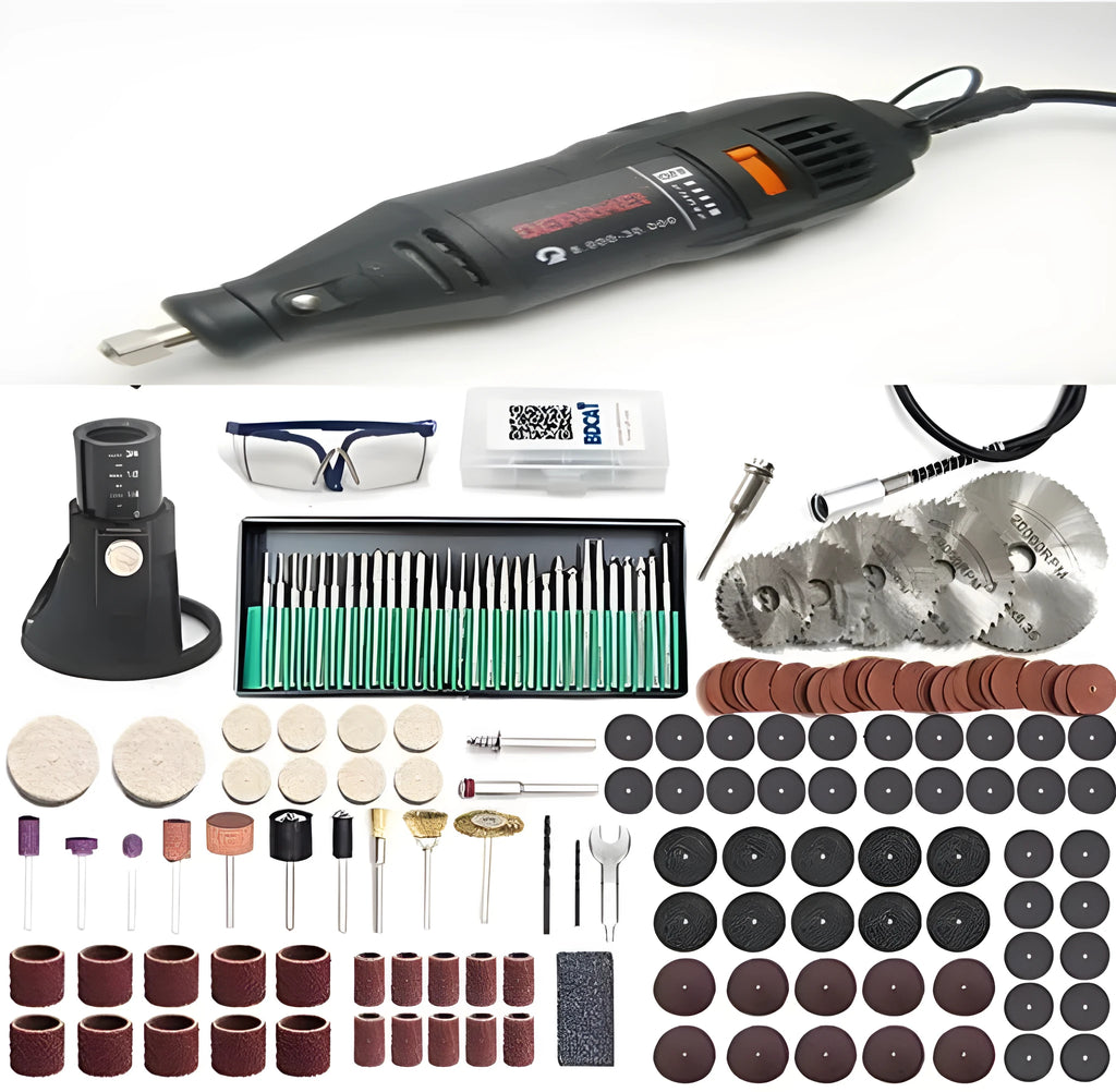 180W electric rotary tool kit with 186 pieces, black, 5-speed control, on a workbench