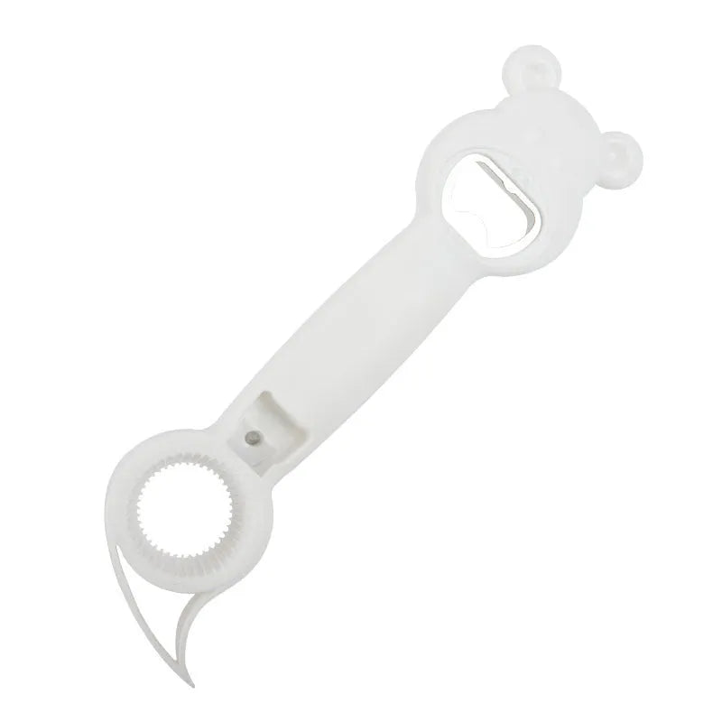 4-in-1 bear-shaped stainless steel and PP manual bottle and jar opener in gray blue on white background