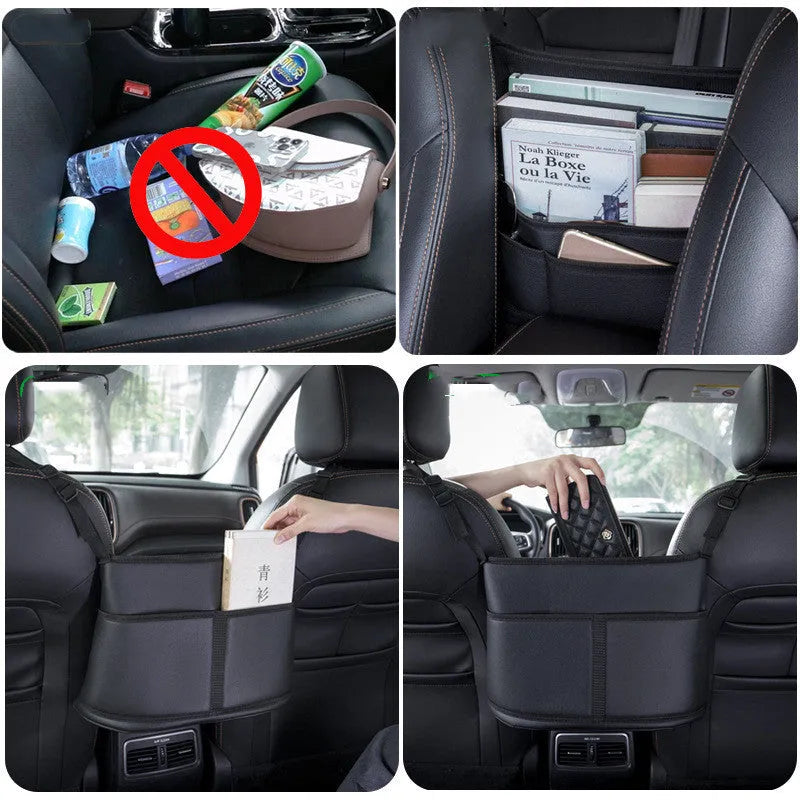 Black leather car seat gap storage bag with a carbon fibre pattern, shown in a vehicle.