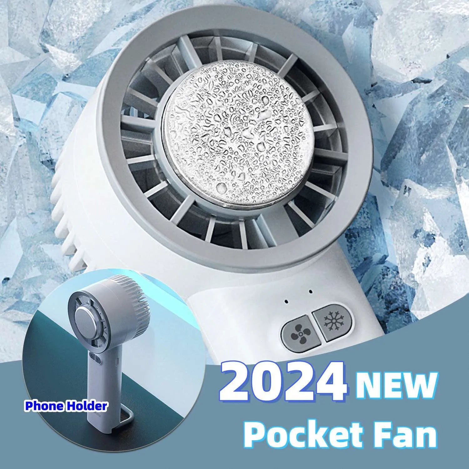 White handheld turbo jet fan with ice cooling function, 3600mAh battery, and brushless motor on a white background