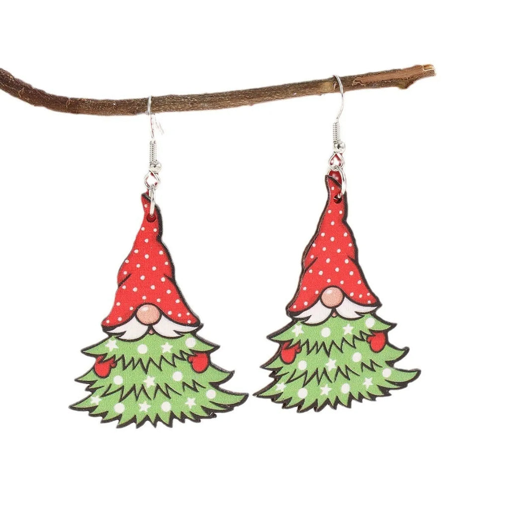 Women's wooden Christmas earrings with geometric shapes and Santa Claus elements in Christmas tree design