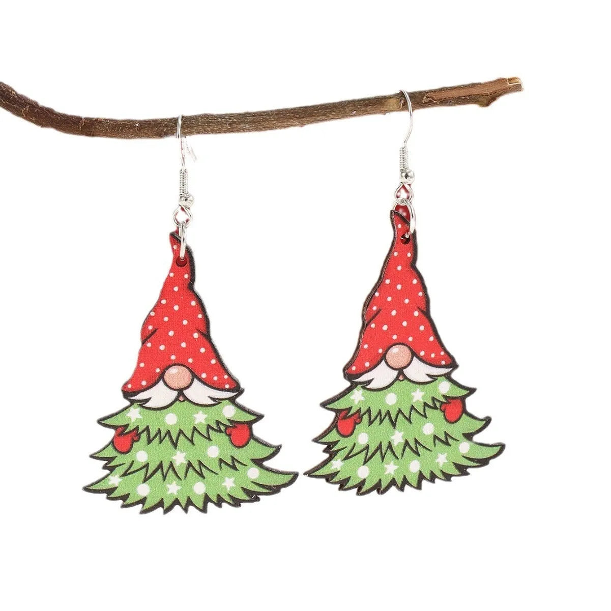 Women's wooden Christmas earrings with geometric shapes and Santa Claus elements in Christmas tree design