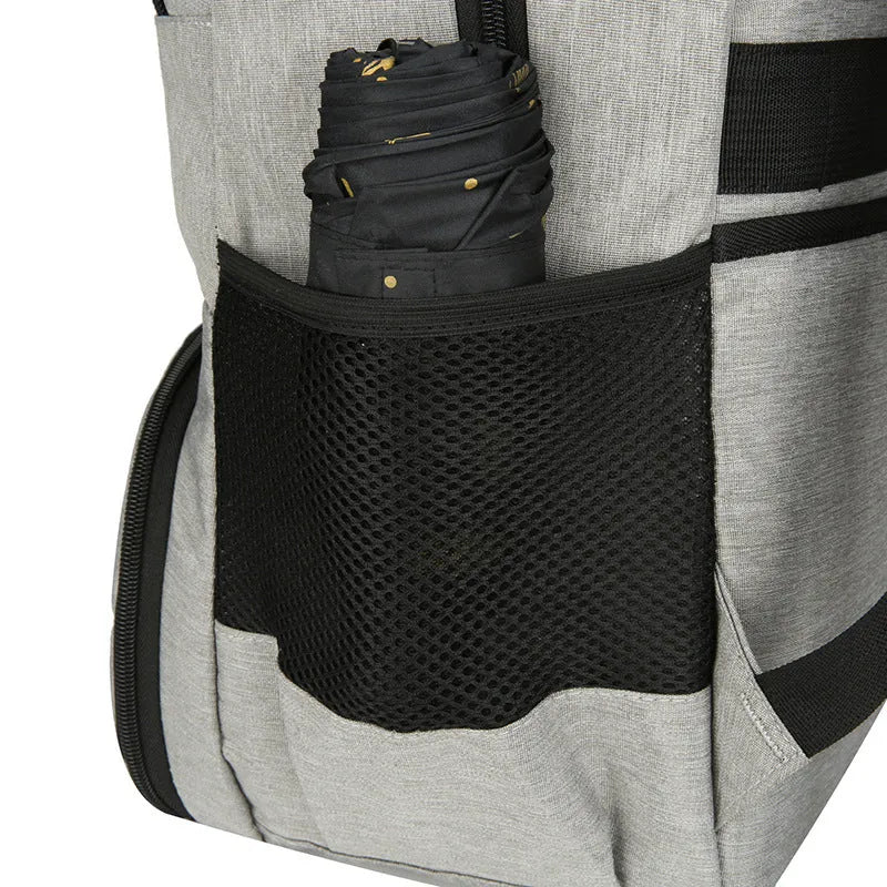 Light grey insulated Oxford cloth backpack with curved shoulder straps and pull rod belt for travel