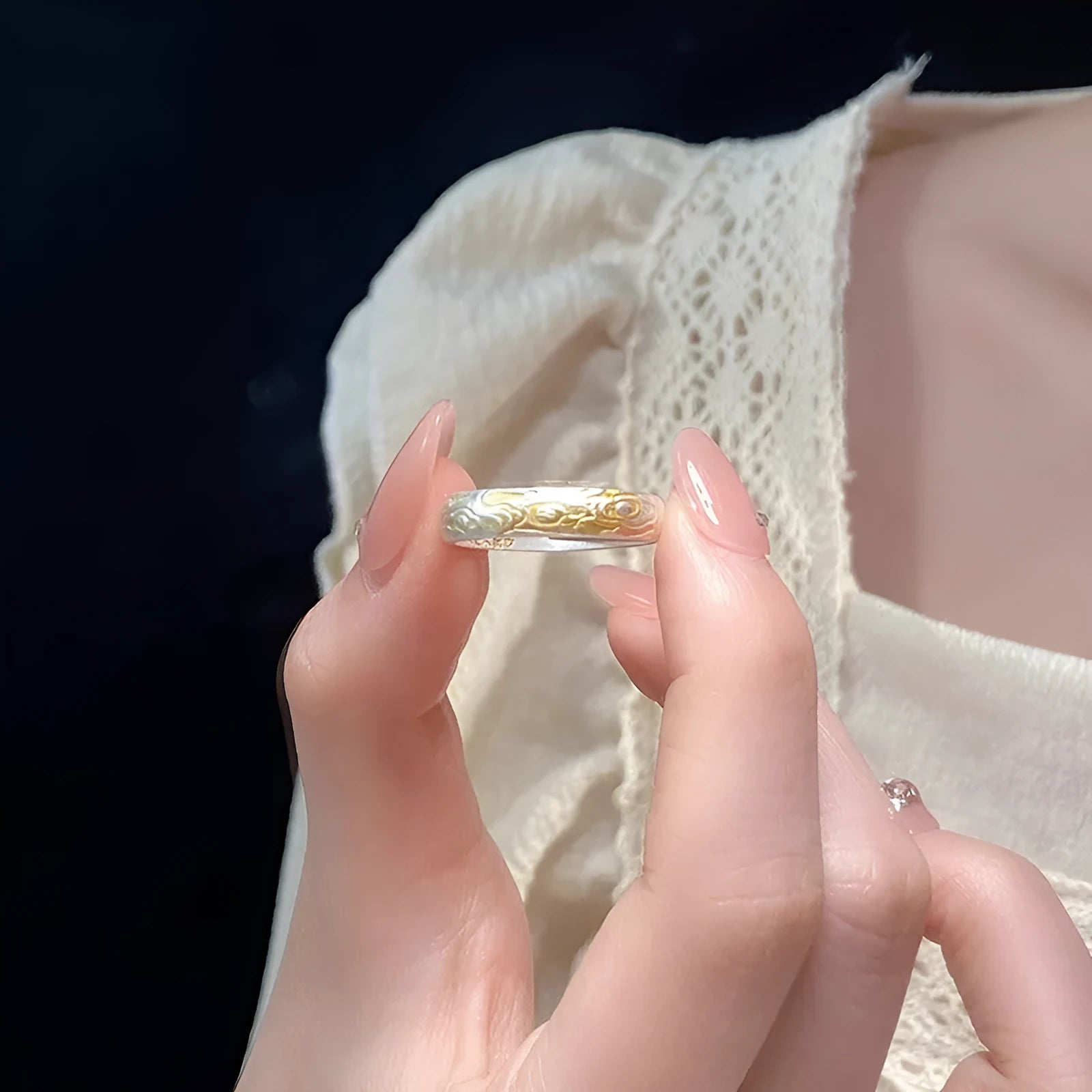 Xiangyun pattern open mouth ring with electroplated silver gold finish showing geometric fairy-style design