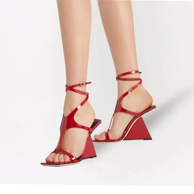 Women's black high heel sandals with 9.5cm block heel and square toe design with adjustable buckle