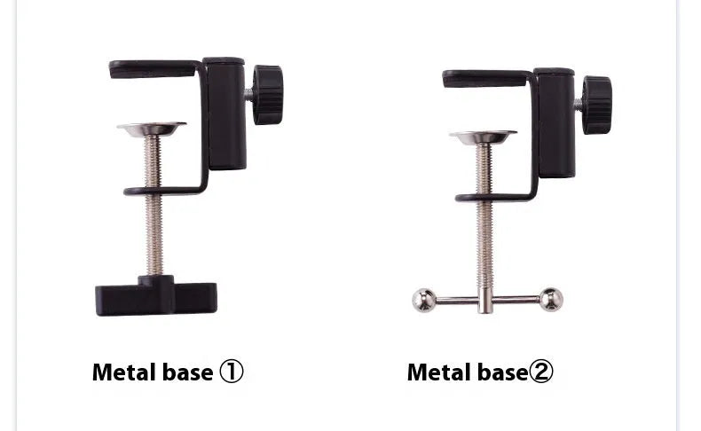 Black foldable metal desktop cantilever bracket holding a tablet, showing its adjustable arms and clamp.