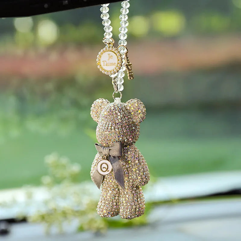 Violent Bear character car rearview mirror pendant with artificial crystal rhinestones in black, white, or mixed pastel colours