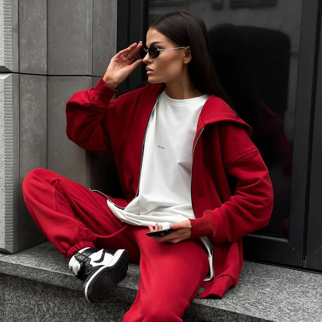 Women's loose fit red polyester coat and trousers two-piece street style set