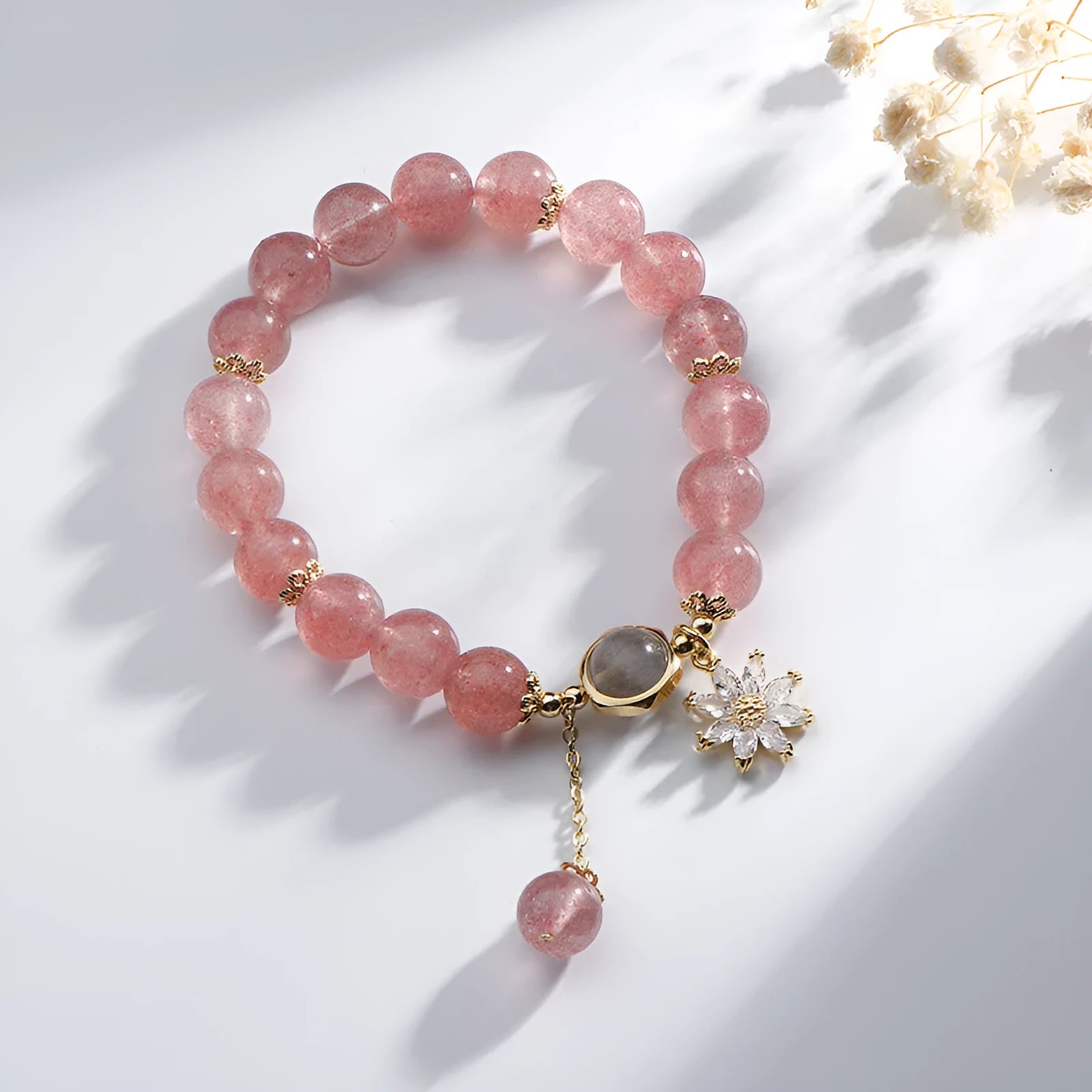 Natural strawberry quartz crystal bracelet with flower elements in Korean mori style