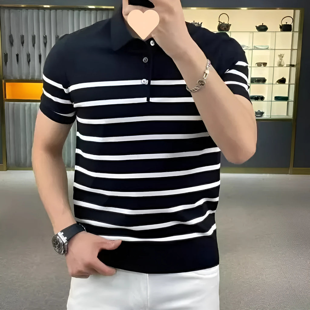 Black and white striped pullover t-shirt on a hanger