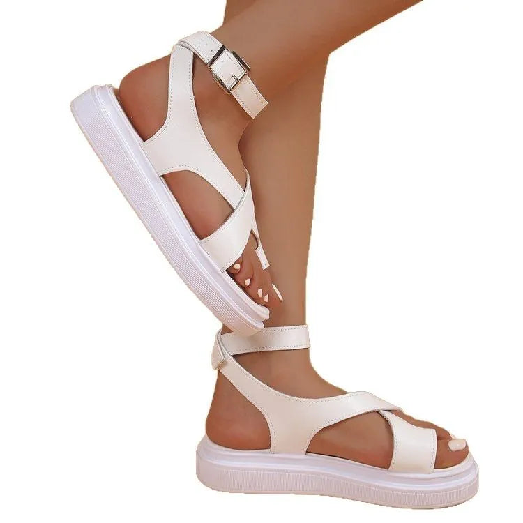 Women's white thick-soled Roman-style buckle sandals with PU upper and lace detail on foot