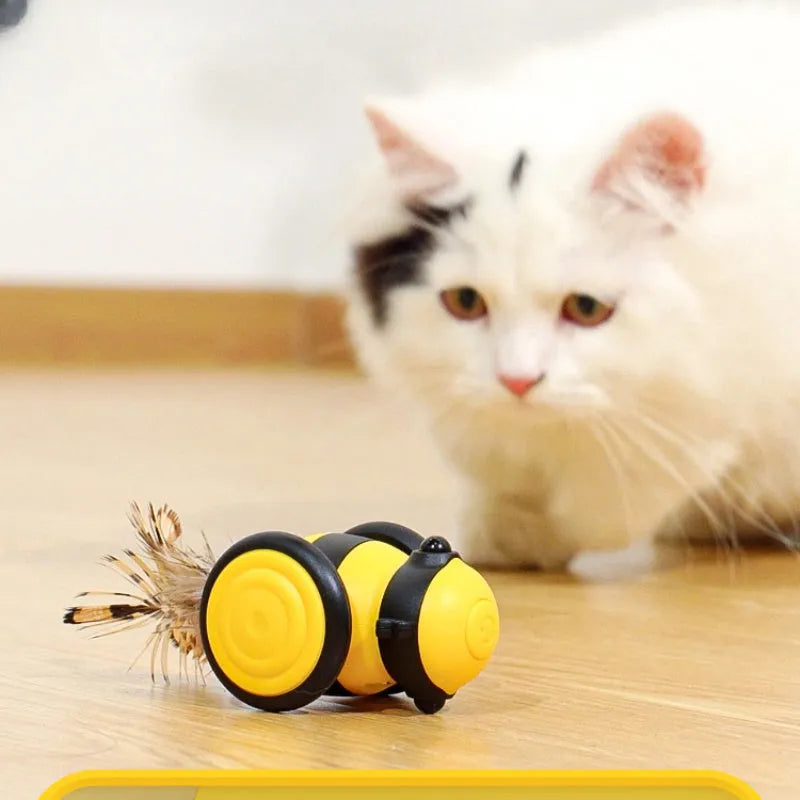 Electric cat car toy with bee design, pink, moving randomly with feather teaser