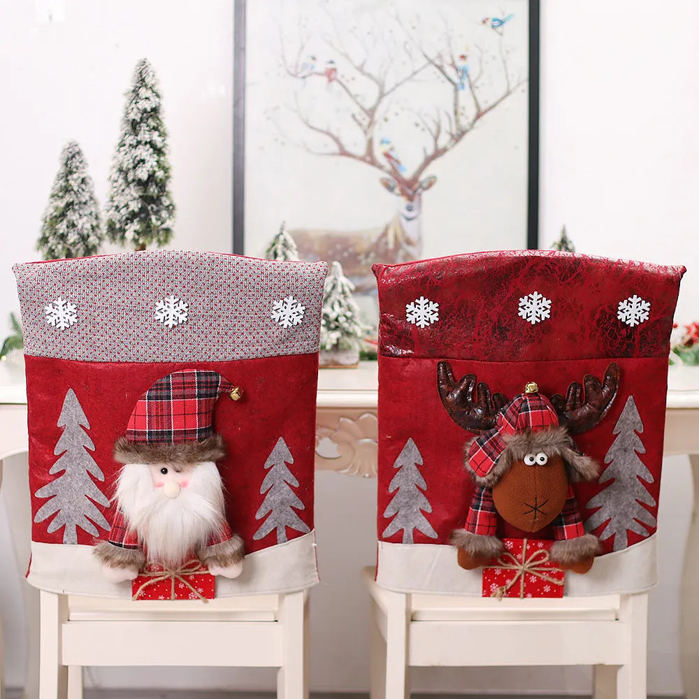 Three-dimensional cartoon cloth chair covers set featuring Santa, snowman, and deer designs