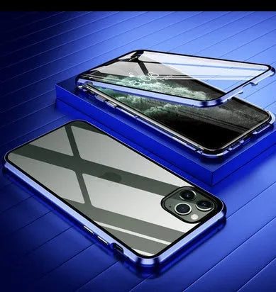 Glass anti-spy clamshell phone case in six colours for various iPhone models.