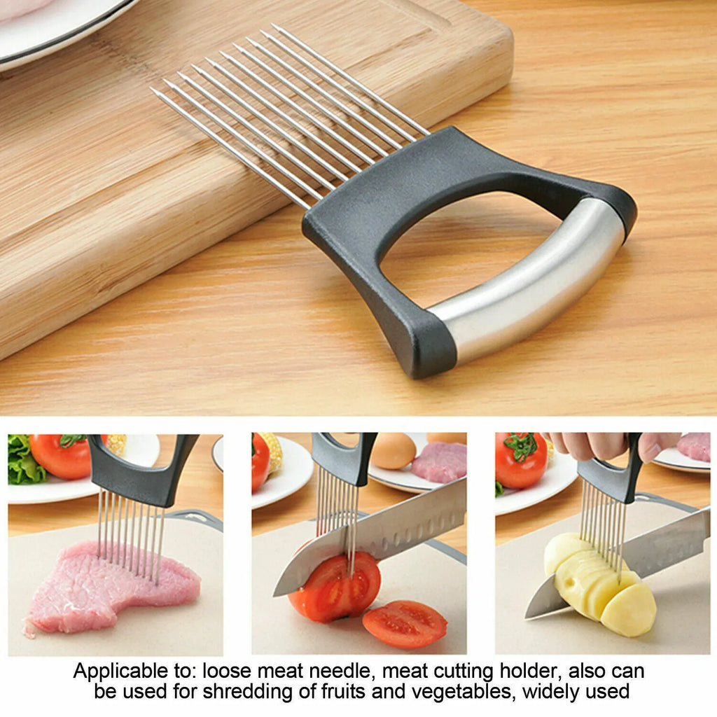 Stainless Steel Food Slice Assistant Onion Holder Slicer Tomato Cutter with NonSlip Handle 14cm x 9.5mm Kitchen Tool for Fixing and Dividing Food Materials