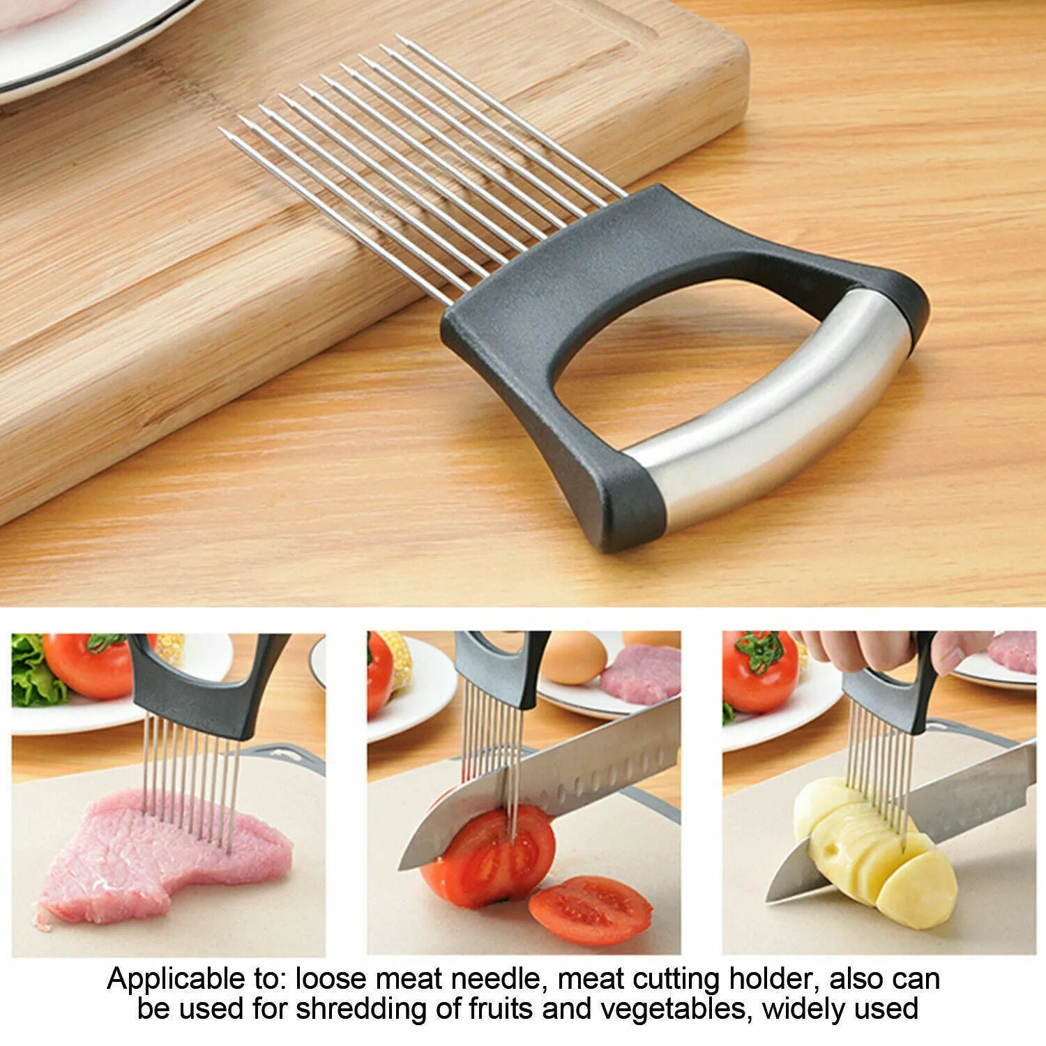 Stainless Steel Food Slice Assistant Onion Holder Slicer Tomato Cutter with NonSlip Handle 14cm x 9.5mm Kitchen Tool for Fixing and Dividing Food Materials