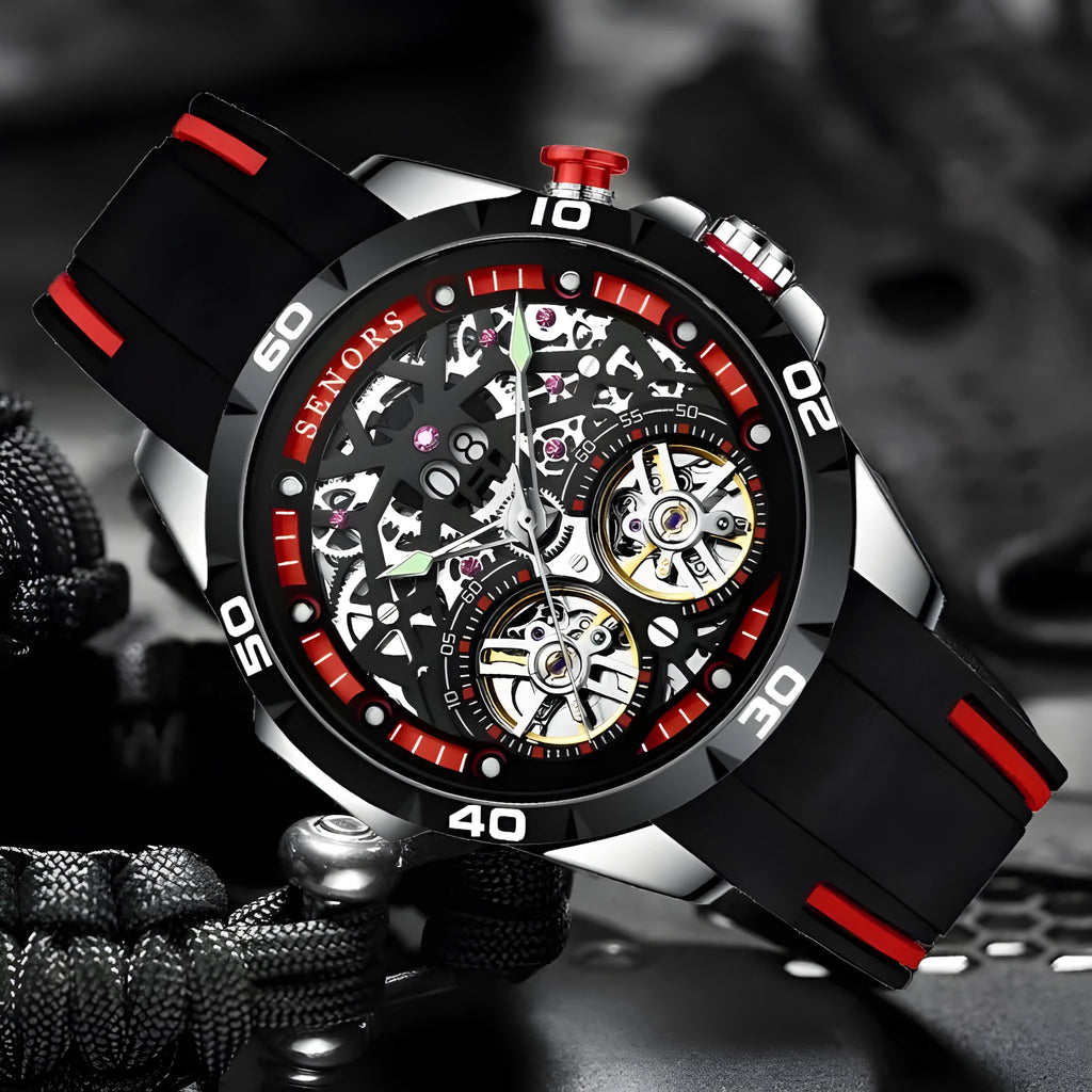 Automatic mechanical men's watch with skeleton dial showing internal components, available in red or blue colours