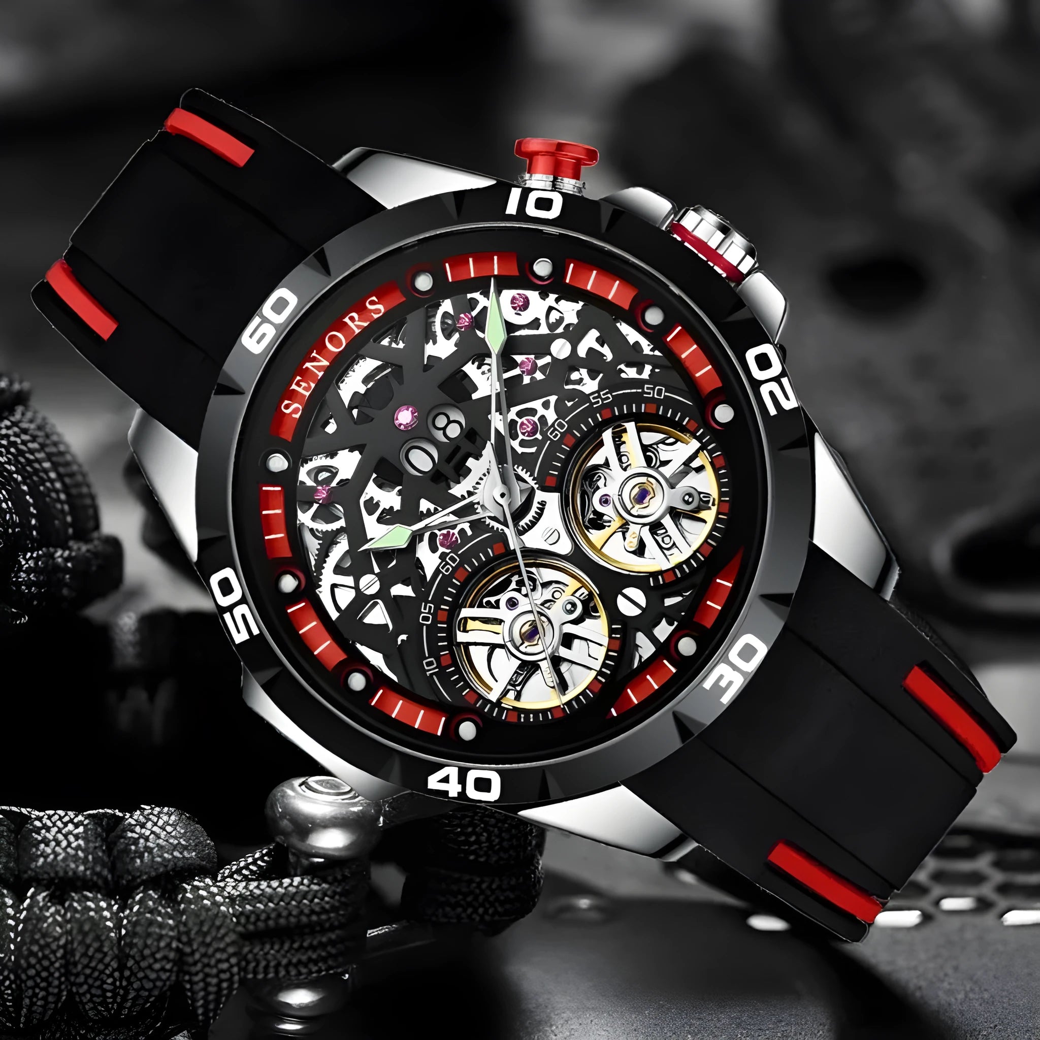 Automatic mechanical men's watch with skeleton dial showing internal components, available in red or blue colours