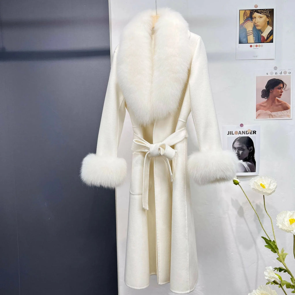 Women's double-sided wool long coat with detachable fox fur collar in cream, autumn winter cloak style