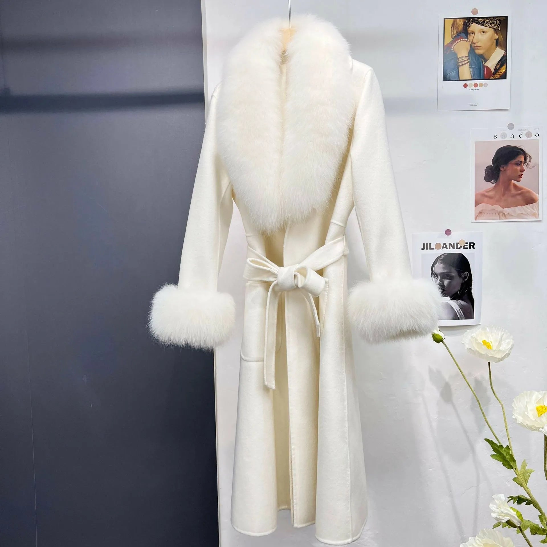 Women's double-sided wool long coat with detachable fox fur collar in cream, autumn winter cloak style