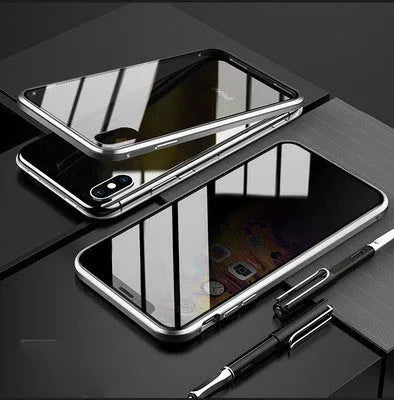 Anti-peep double-sided magneto phone case with metal frame and tempered glass for iPhone – solid colour flip cover