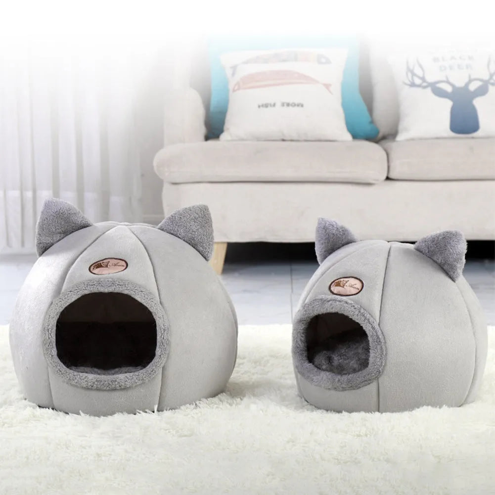 Winter cat nest fully enclosed sofa bed in grey, size XL 40cm, for indoor use