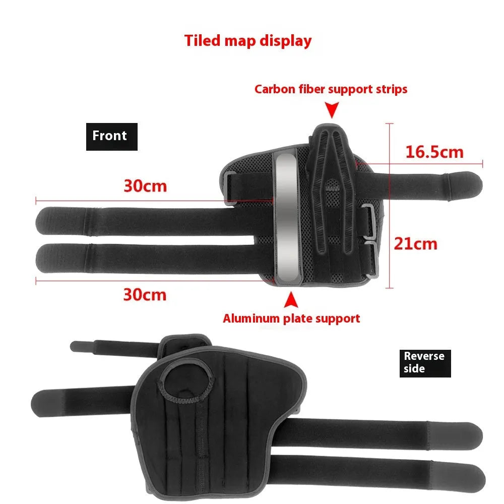 Black sports wrist guard with carbon fibre panel and adjustable thumb strap for weightlifting support