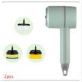 Electric cleaning brush with multifunctional scouring pad head, white plastic body, and three speed gear buttons on handle