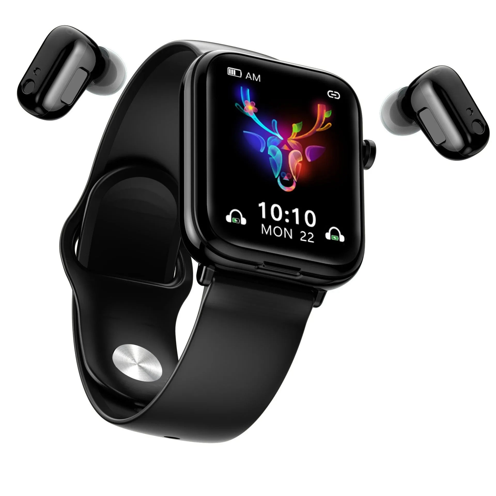 Black zinc alloy smartwatch with 1.69-inch touchscreen next to its magnetic charging case for TWS earbuds.