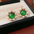 Real gold electroplated silver needle pearl stud earrings in 47# golden-green colour, retro geometric shape