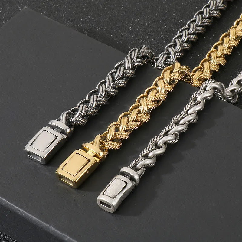 Men's titanium steel keel chain necklace with geometric design on a large hemp flowers chain in antique silver.