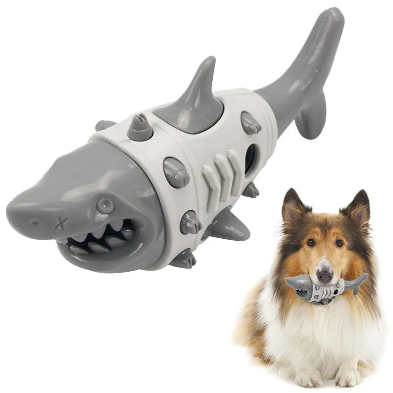 Dog teething leaky toy in blue with shark-tooth texture and vent holes