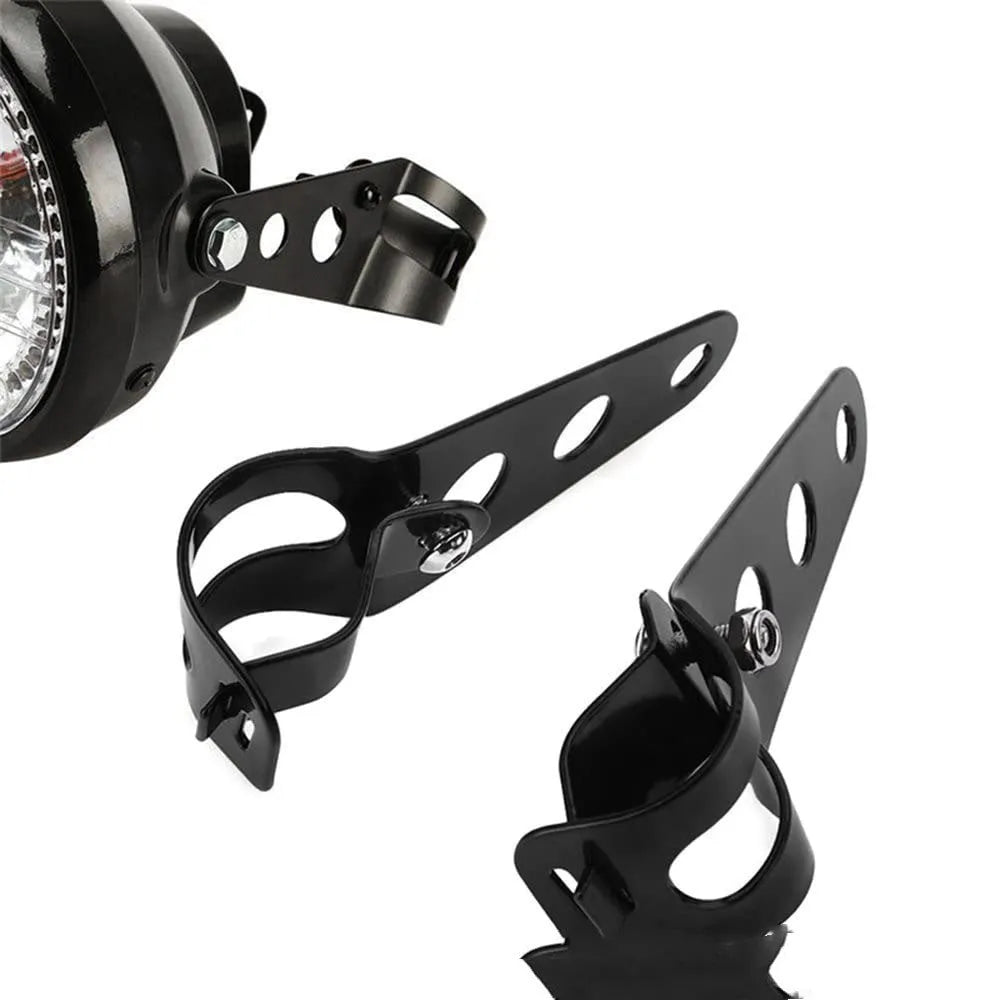 Pair of black iron motorcycle headlamp support brackets for retro modified headlamps, 27-36mm or 38-48mm sizes