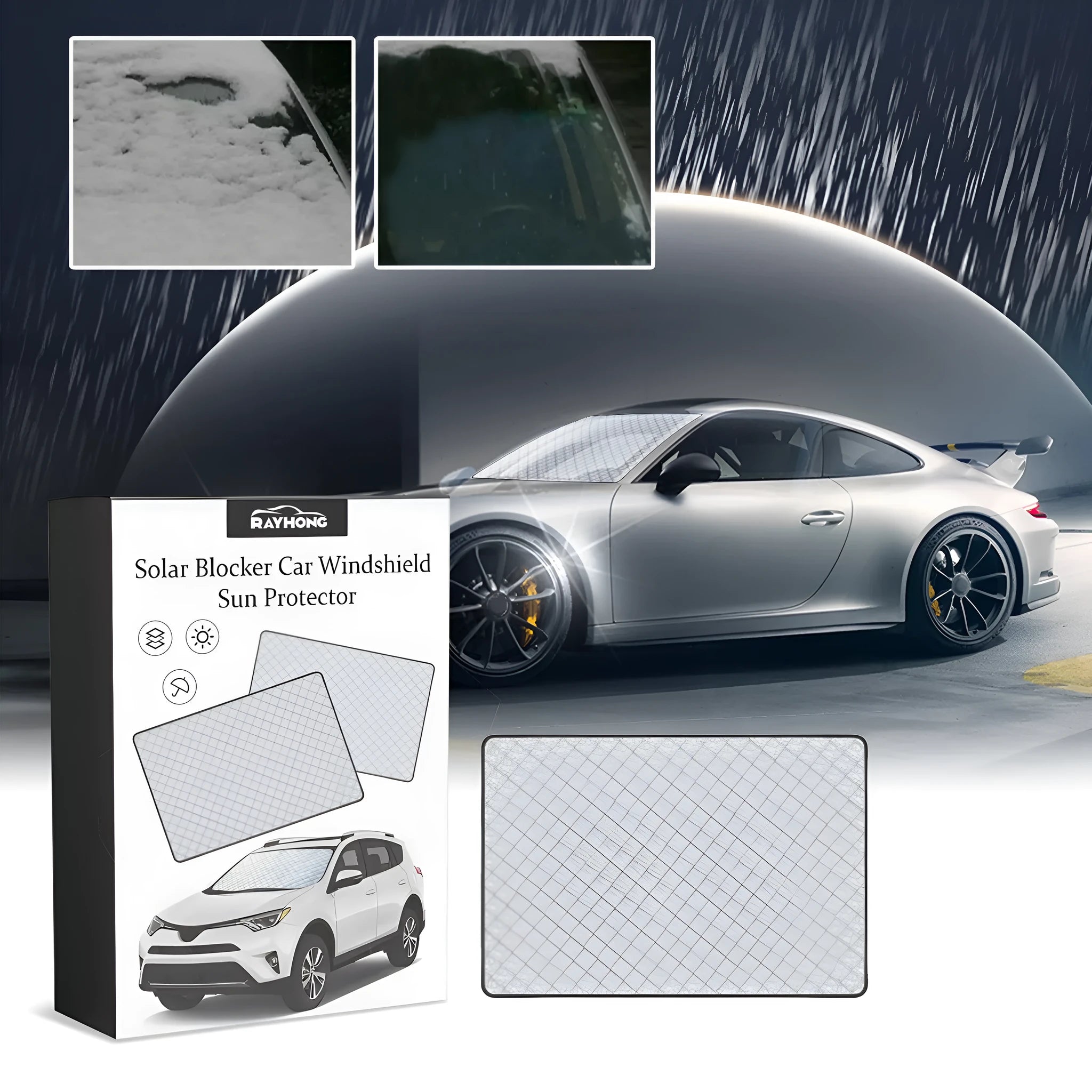 Car windscreen cover made of nylon and aluminium film, size 140x95cm, used for frost and snow protection on front windshield