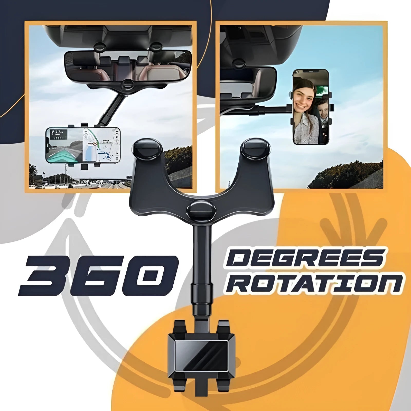 Black rearview mirror phone holder with rotating head and telescopic arm extended