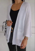 Women's waffle texture cardigan coat in army green with nine-quarter length sleeves and pockets