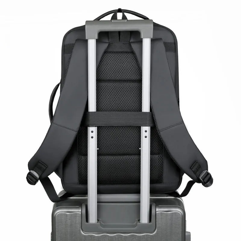 Waterproof black Oxford cloth business backpack with curved shoulder straps and 20-35L capacity