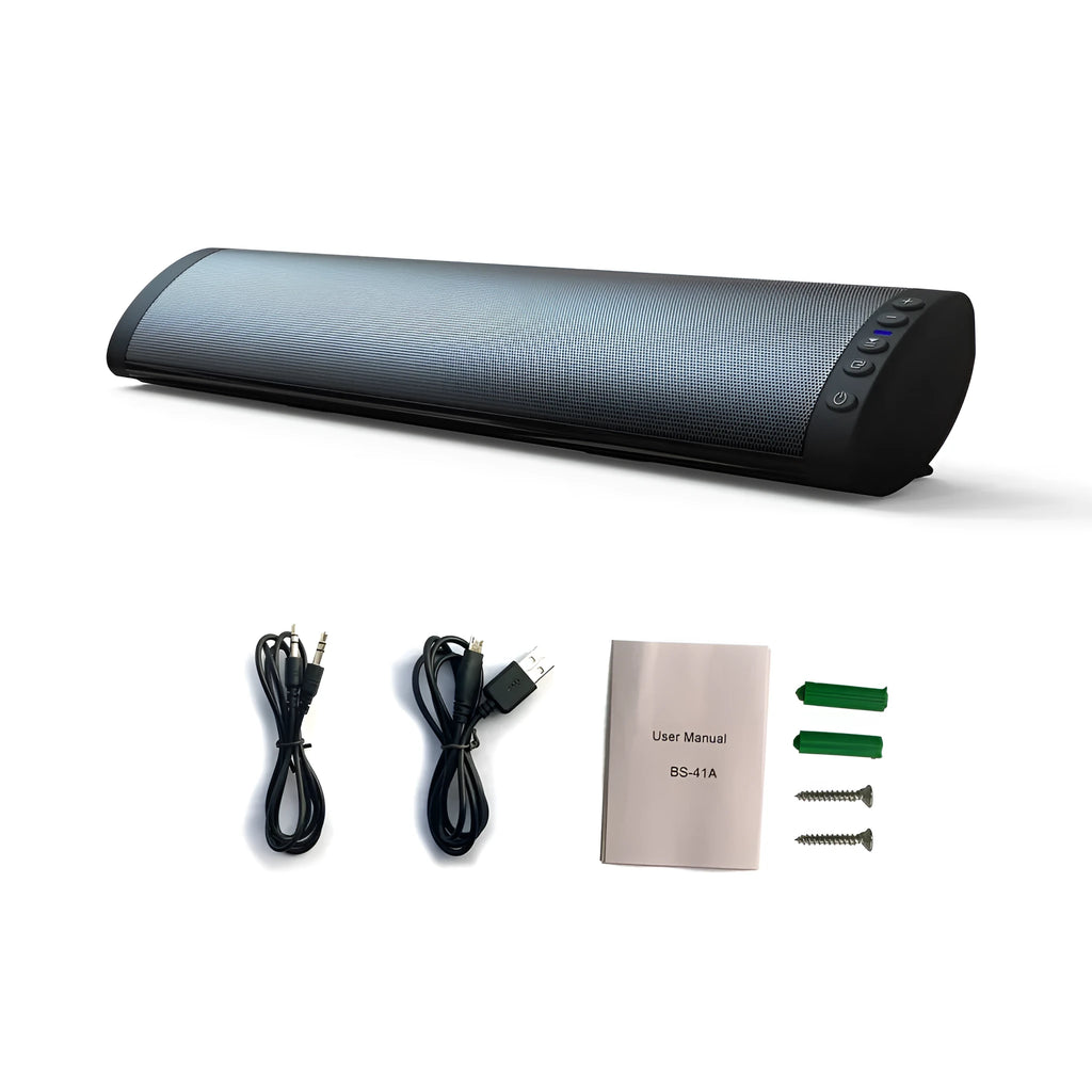 Wall-mounted wireless Bluetooth speaker in plastic shell with button controls and external antenna